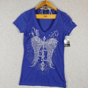 Victoria French Quarter Graphic V Neck Tee Shirt Blue XL Women Music Angel Wings